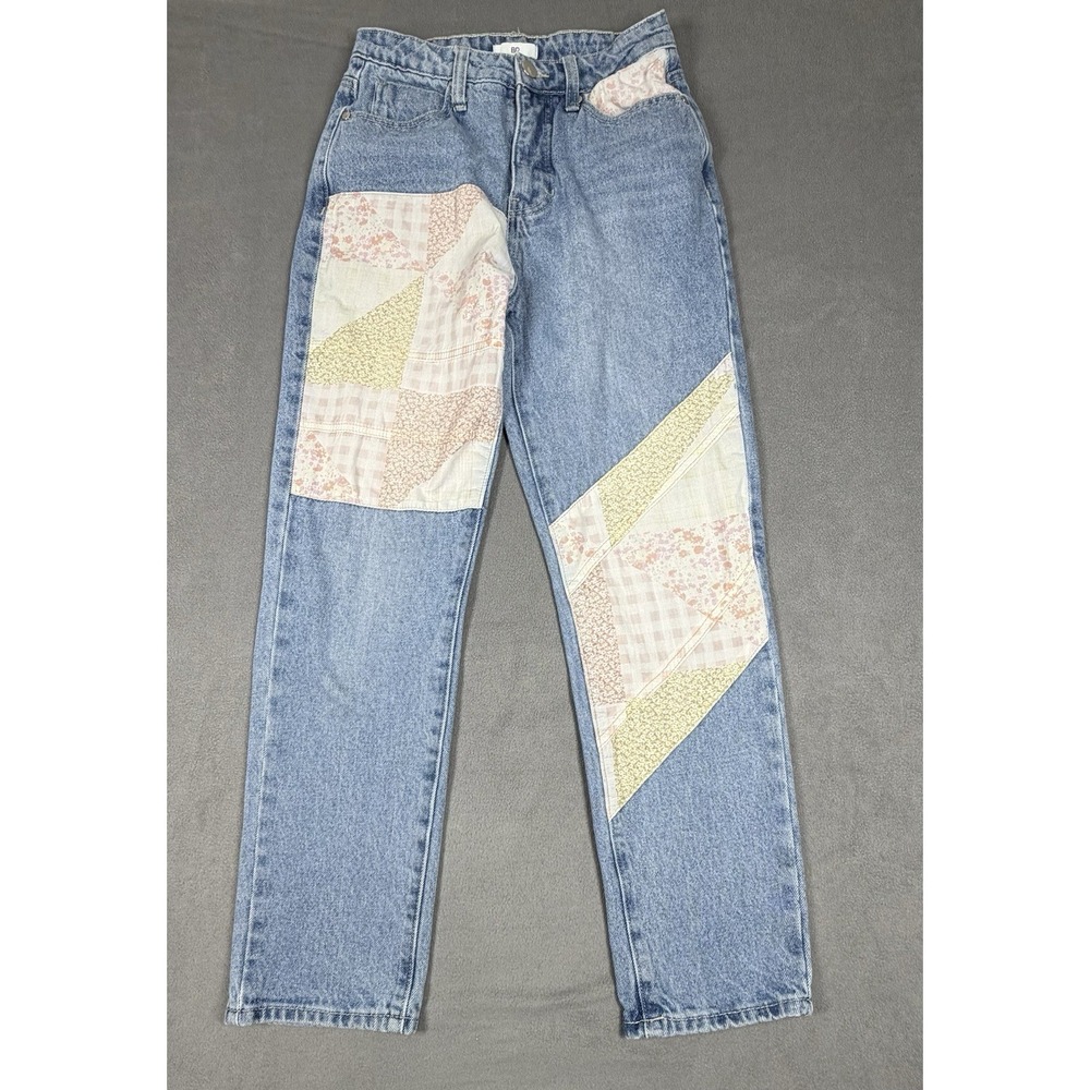 BP Patchwork Jeans Womens 25 High Rise Straight Leg Blue Denim Multi Pattern